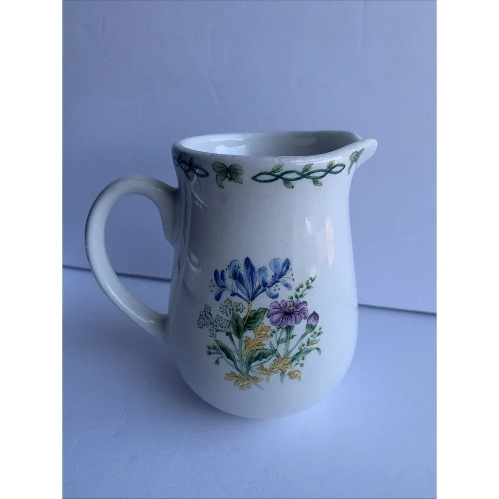 Thomson Pottery Floral Garden Creamer Pitcher White Ceramic‎ Cottage Aesthetic